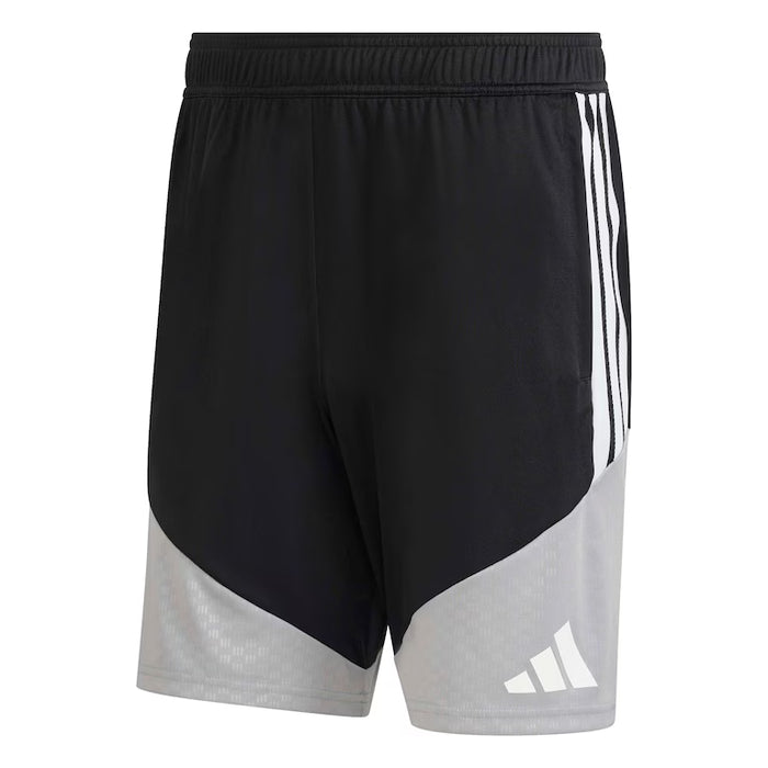 Black and gray shorts with Adidas logo on a white background