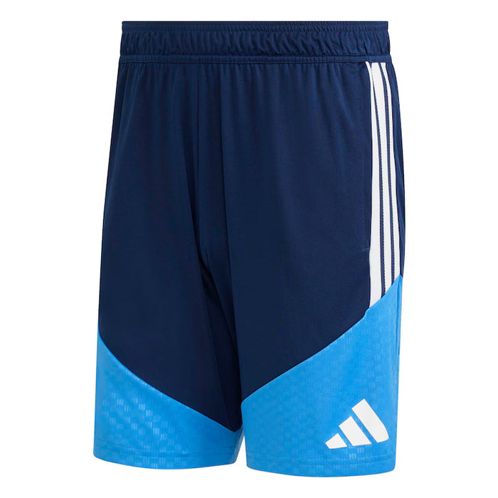 Navy and blue shorts with white stripes and logo on a white background