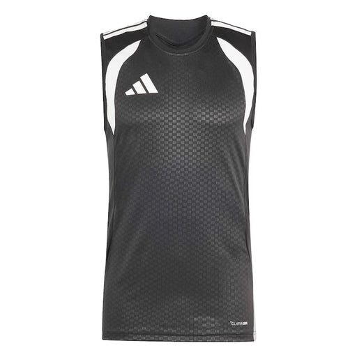 Black sleeveless athletic shirt with white accents and Adidas logo on a white background