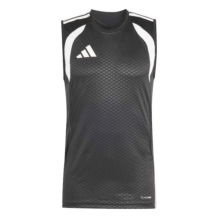 Black sleeveless athletic shirt with white accents and Adidas logo on a white background