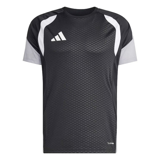 Black athletic shirt with white accents and Adidas logo on a white background