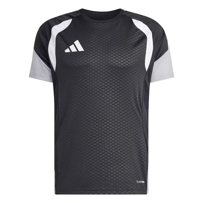Black athletic shirt with white accents and Adidas logo on a white background