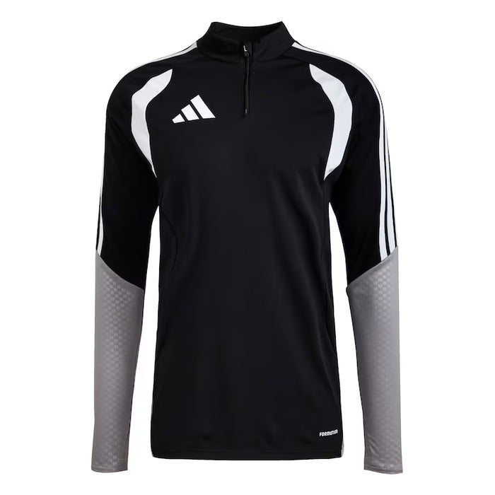 Black athletic long-sleeve shirt with gray sleeves and Adidas logo on a white background