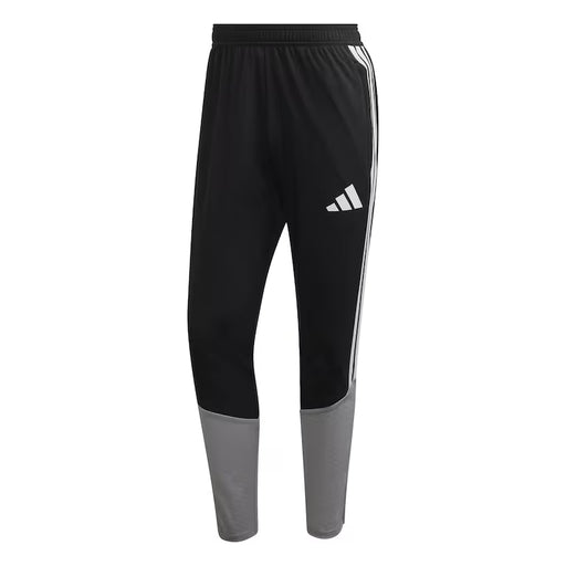 Black and gray Adidas pants with a white logo on a white background