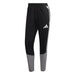 Black and gray Adidas pants with a white logo on a white background