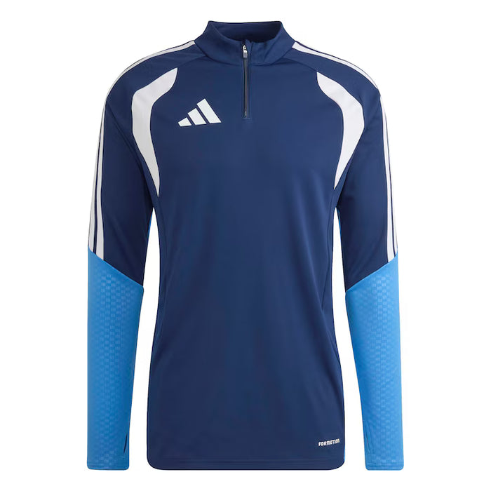 Blue and white sports jacket with Adidas logo on a white background
