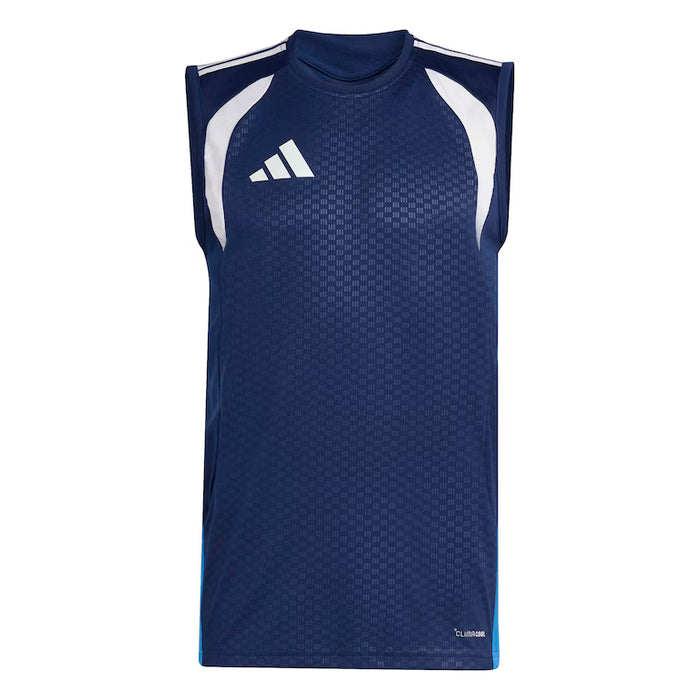 Blue sleeveless athletic shirt with white accents on a white background