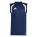 Blue sleeveless athletic shirt with white accents on a white background