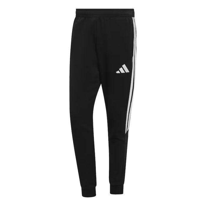 Black Adidas tracksuit pants with white stripes on a white background
