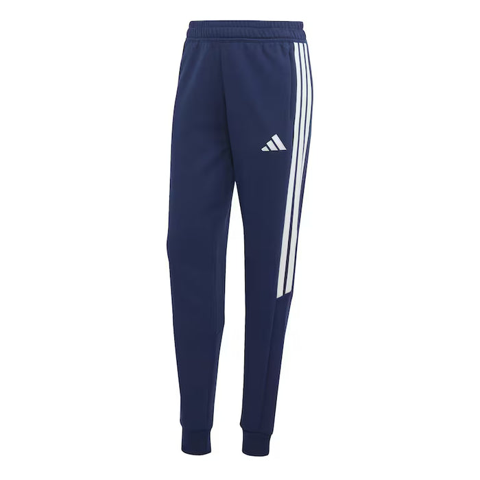 Navy blue Adidas tracksuit pants with white stripes on a white background