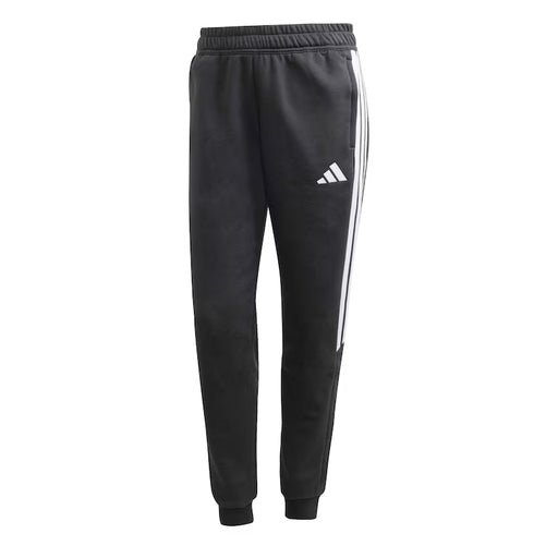 Black Adidas tracksuit pants with white stripes on a white background