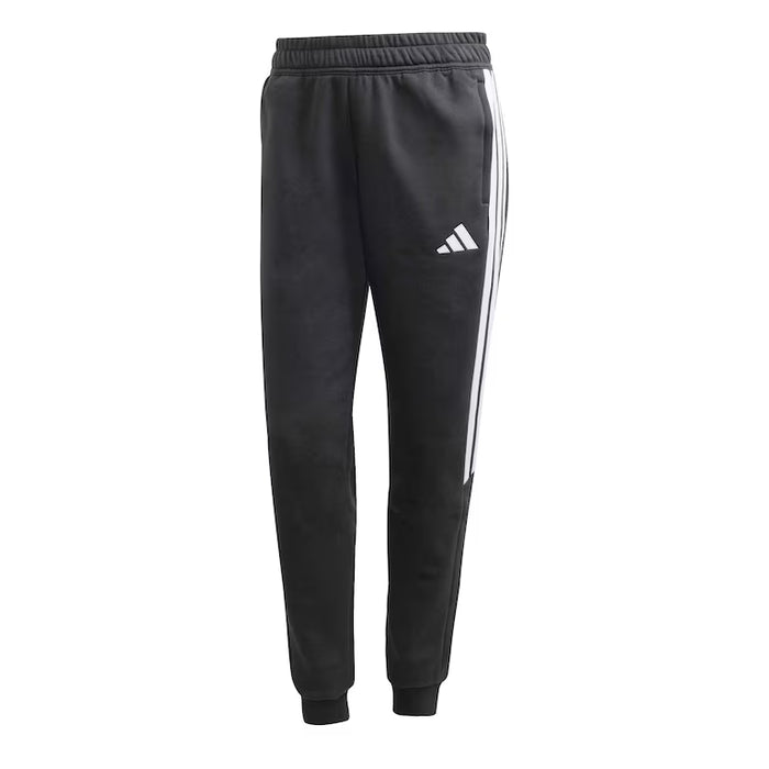 Black Adidas tracksuit pants with white stripes on a white background