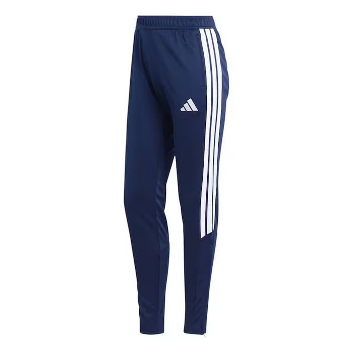 Navy blue Adidas tracksuit pants with white stripes on a white background