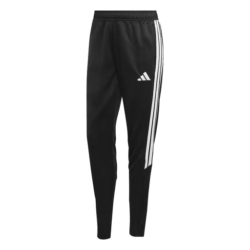Black tracksuit pants with white stripes and Adidas logo on a white background