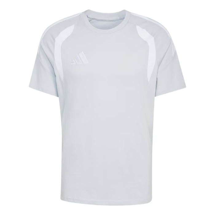 Light gray t-shirt with white accents on a white background