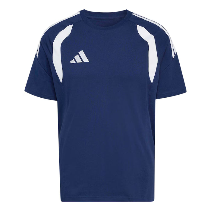 Navy blue t-shirt with white stripes and Adidas logo on a light gray background