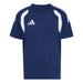 Navy blue t-shirt with white stripes and Adidas logo on a light gray background