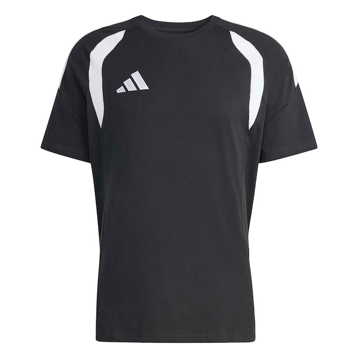 Black t-shirt with white accents and Adidas logo on a white background