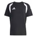 Black t-shirt with white accents and Adidas logo on a white background