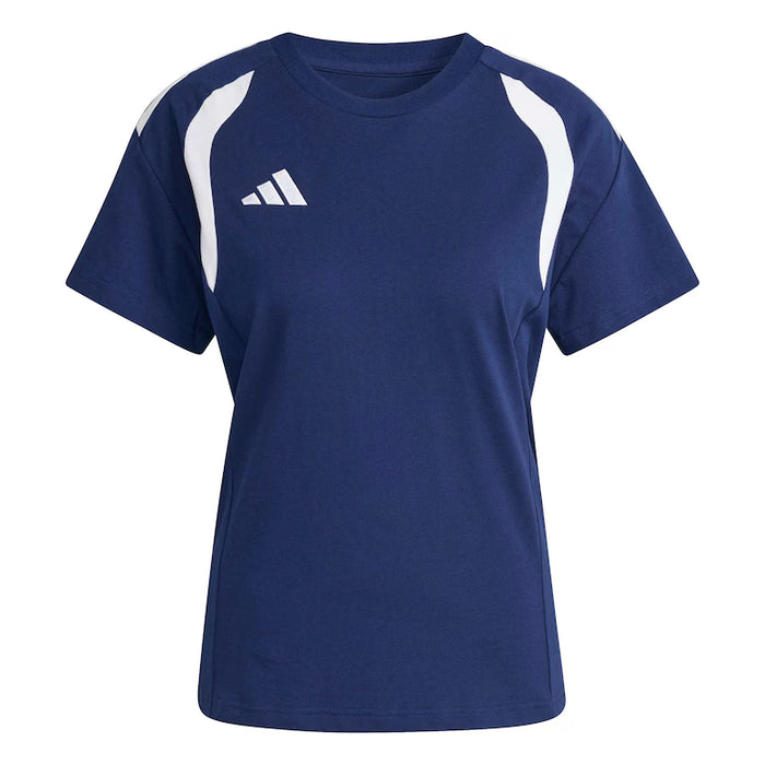 Blue t-shirt with white accents and Adidas logo on a white background