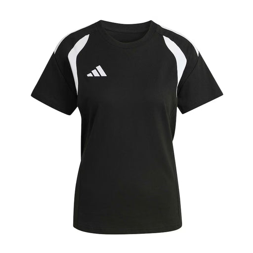 Black t-shirt with white accents and Adidas logo on a white background