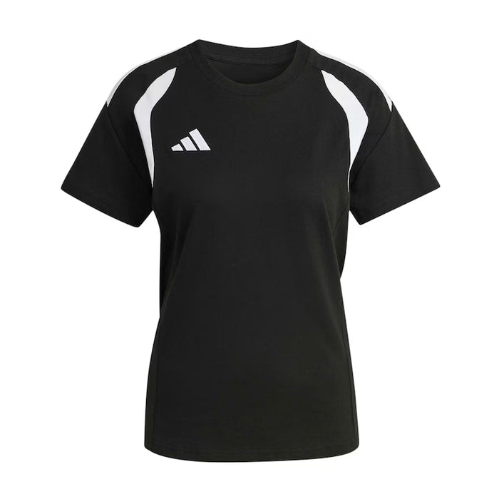 Black t-shirt with white accents and Adidas logo on a white background