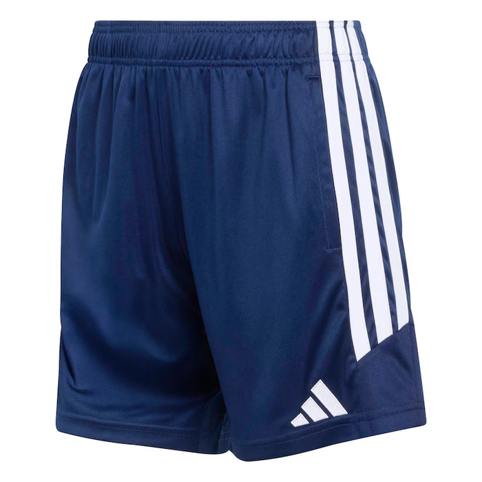 Blue shorts with white stripes on a white background