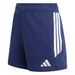Navy blue shorts with white stripes on a light gray background