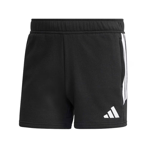 Black shorts with white stripes and Adidas logo on a white background