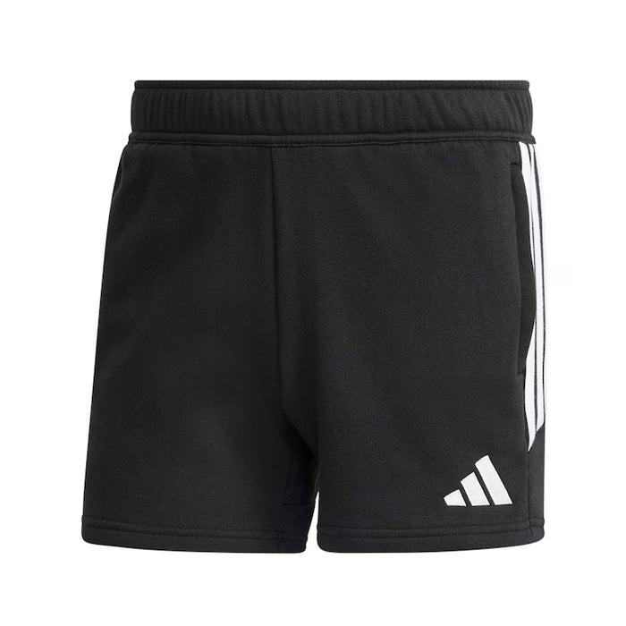 Black shorts with white stripes and Adidas logo on a white background