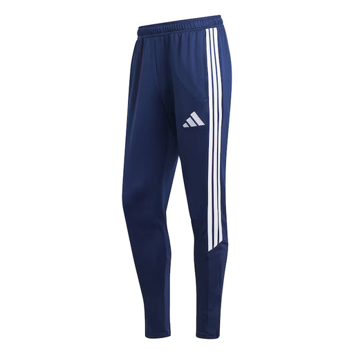 Navy blue Adidas tracksuit pants with white stripes on a white background