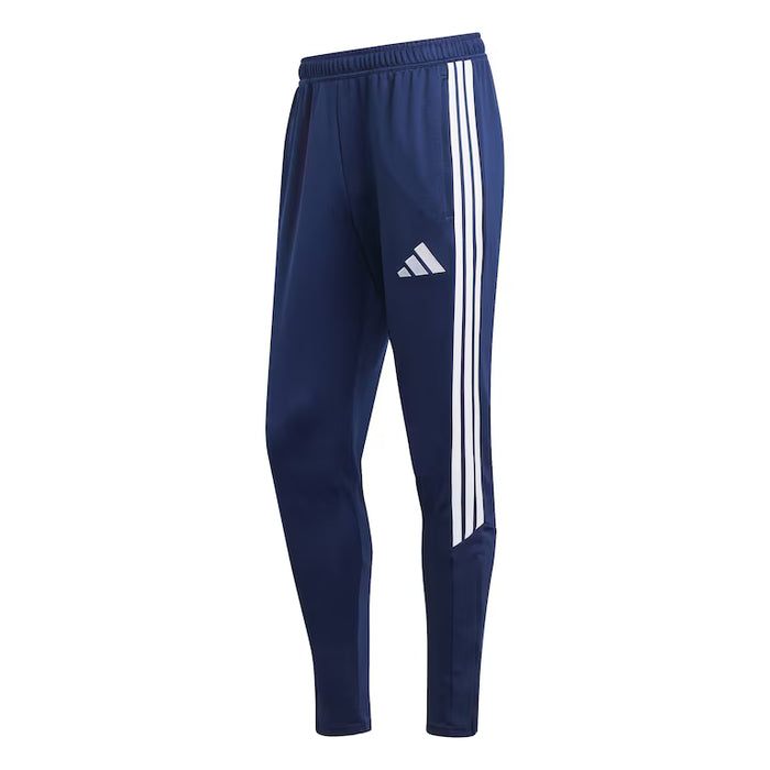 Navy blue Adidas tracksuit pants with white stripes on a white background