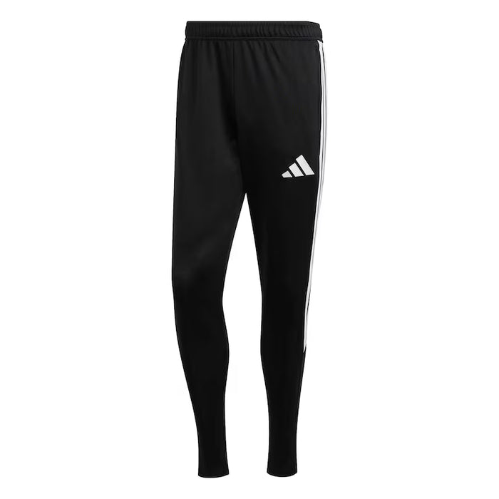 Black Adidas tracksuit pants with white stripes on a white background