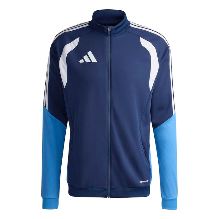 Blue and white Adidas tracksuit jacket on a white background