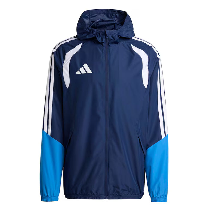Navy and blue jacket with white stripes on a white background