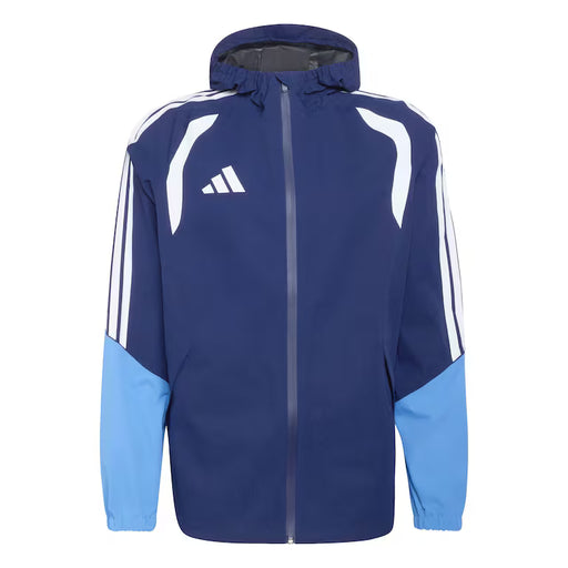 Blue and light blue jacket with white stripes and Adidas logo on a white background