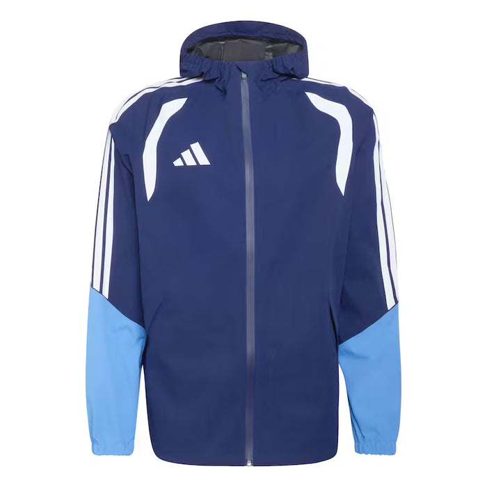 Blue and light blue jacket with white stripes and Adidas logo on a white background