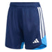 Blue athletic shorts with white stripes and Adidas logo on a white background