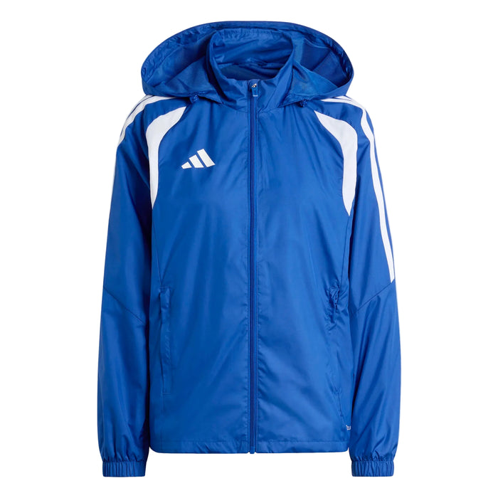 Blue jacket with white stripes and Adidas logo on a light gray background