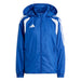 Blue jacket with white stripes and Adidas logo on a light gray background