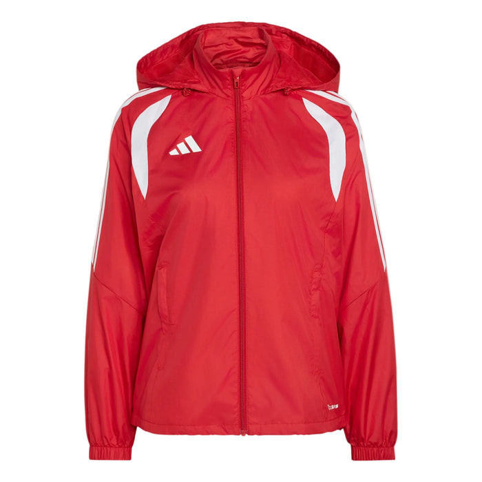 Red jacket with white stripes and Adidas logo on a white background