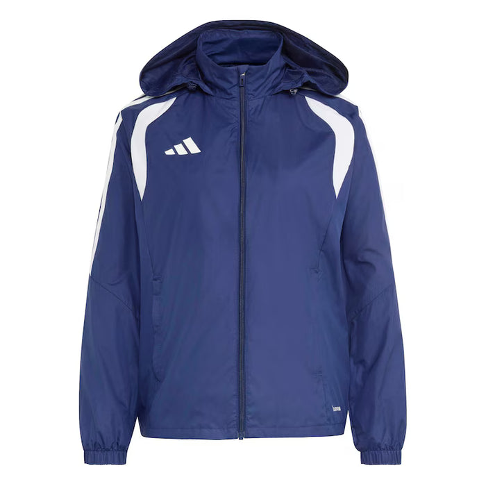 Blue jacket with white stripes and Adidas logo on a white background