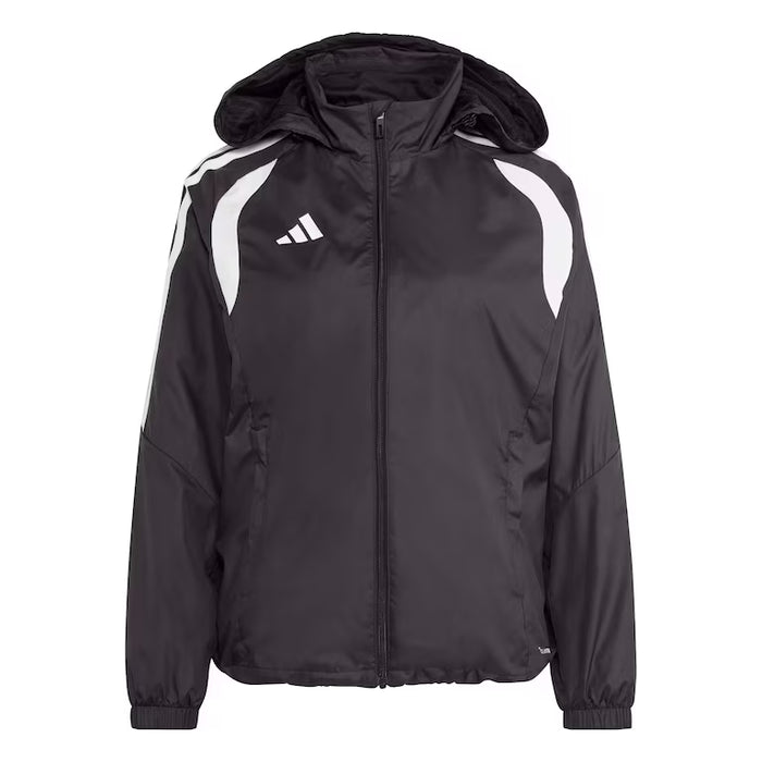 Black jacket with white accents and Adidas logo on a white background