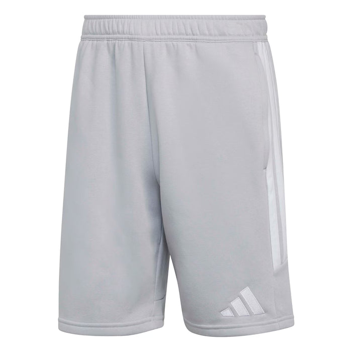 Gray shorts with white stripes and Adidas logo on a white background