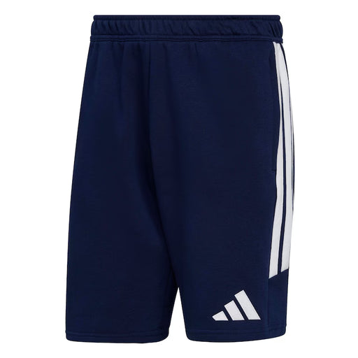 Navy blue shorts with white stripes and Adidas logo on a white background
