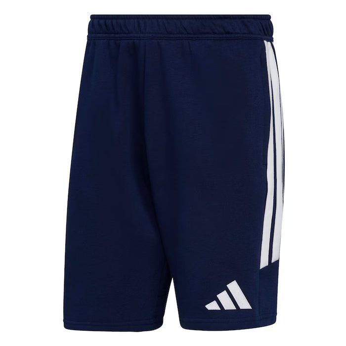 Navy blue shorts with white stripes and Adidas logo on a white background