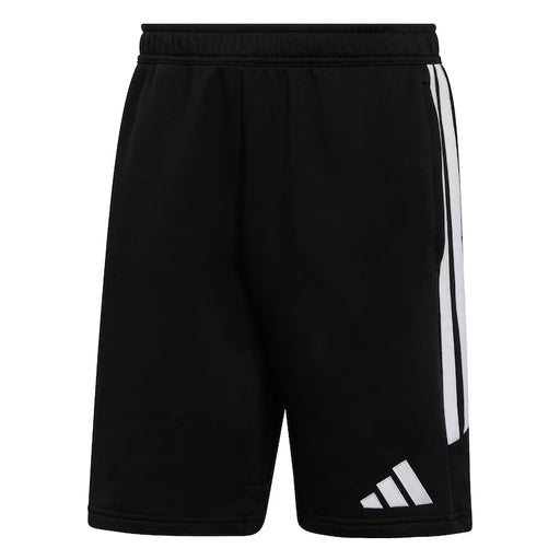 Black shorts with white stripes and logo on a white background