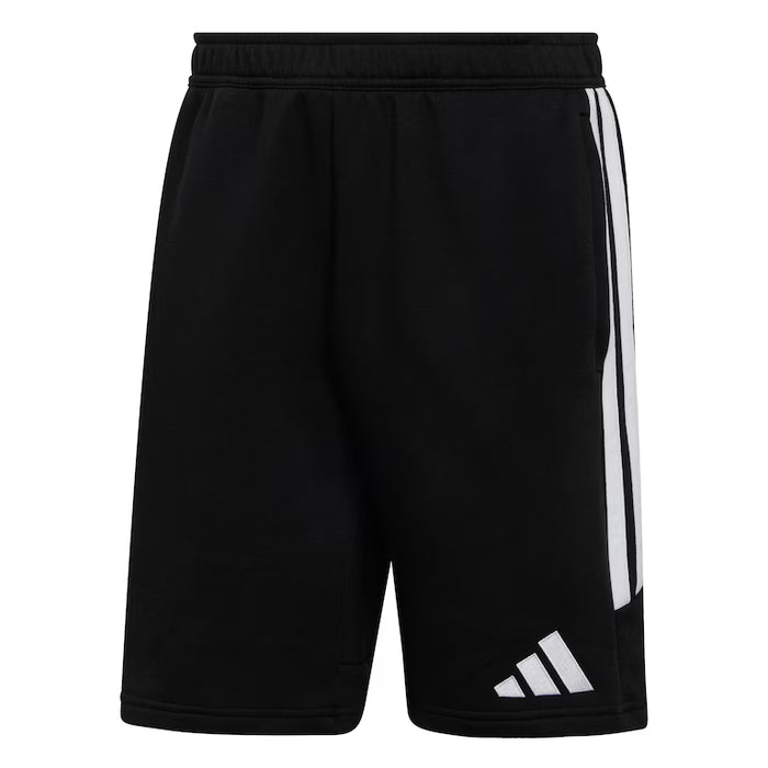 Black shorts with white stripes and logo on a white background