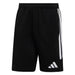 Black shorts with white stripes and logo on a white background