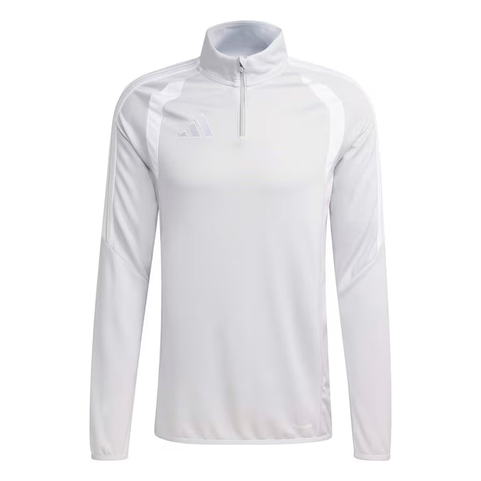 White long-sleeve athletic shirt with a quarter zip on a white background